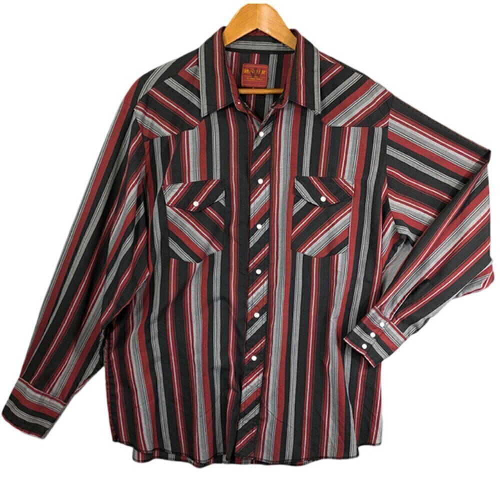 Rustler X Long Tails Shirt Mens 2XL Pearl Snap Red Black Gray‎ Stripe Western